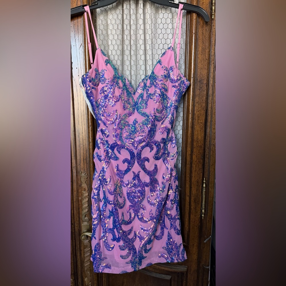 B Darlin Pink Dress with intricate Blue-Purple Sequin details